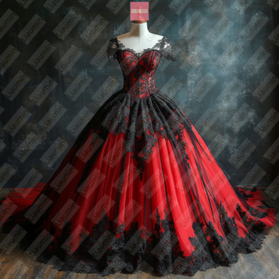 Red tulle and black lace applique formal prom wedding formal evening dress custom w19-17.8 - Thumbnail 1