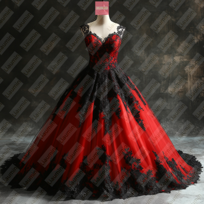 Red Tulle and Black Lace Applique Formal Prom Wedding Formal Evening Dress Custom W19-18.1