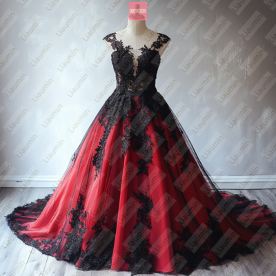 Red Tulle and Black Lace Applique Formal Prom Wedding Formal Evening Dress Custom W19-18.2