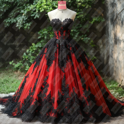 Red tulle and black lace applique formal prom wedding formal evening dress custom w19-18.4