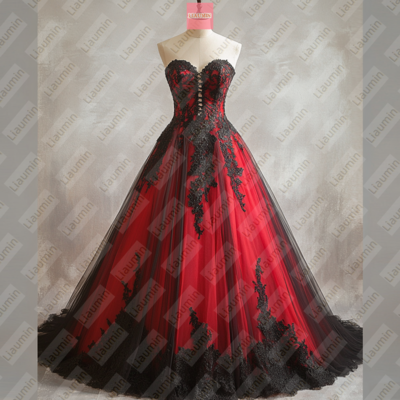 Red tulle and black lace applique formal prom wedding formal evening dress custom w19-18.6