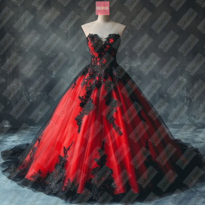 Red tulle and black lace applique formal prom wedding formal evening dress custom w19-18.7