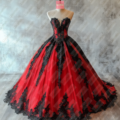 Red Tulle and Black Lace Applique Formal Prom Wedding Formal Evening Dress Custom W19-18.8