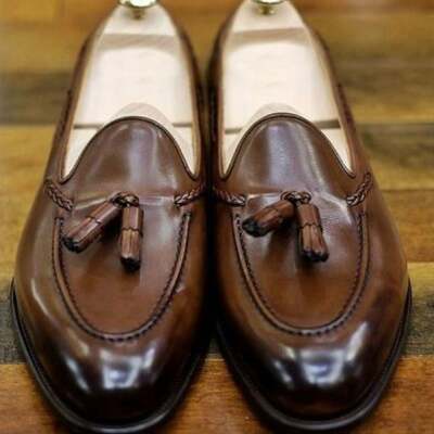 Men’s brown leather tassel loafers handmade italian style slip on dress shoes