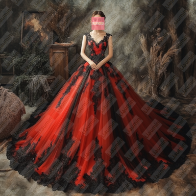 Red tulle and black lace applique formal prom wedding formal evening dress custom w19-19.3 - Thumbnail 1