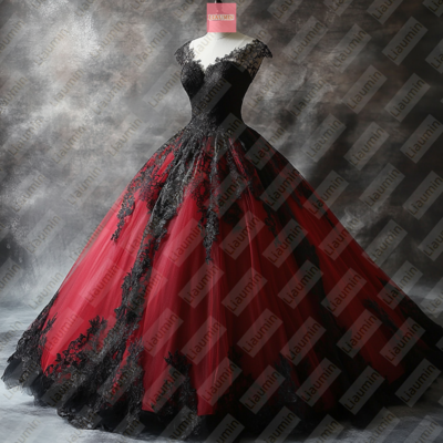 Red Tulle and Black Lace Applique Formal Prom Wedding Formal Evening Dress Custom W19-19.6
