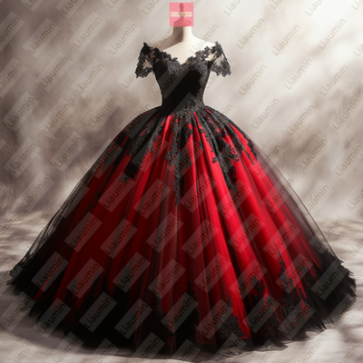 Red Tulle and Black Lace Applique Formal Prom Wedding Formal Evening Dress Custom W19-19.8