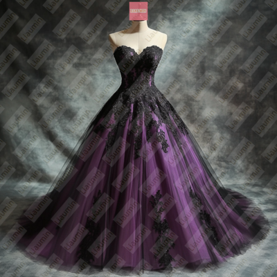 Purple tulle and black lace applique formal prom wedding formal evening dress custom w19-20.1