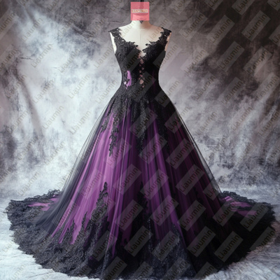 Purple tulle and black lace applique formal prom wedding formal evening dress custom w19-20.2