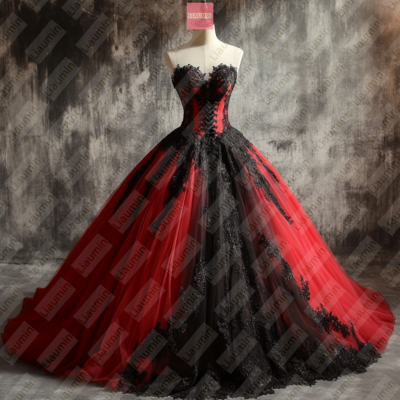 Red tulle and black lace applique formal prom wedding formal evening dress custom w19-19.7