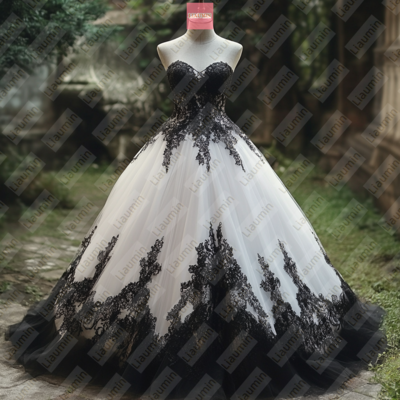 White tulle and black lace applique formal prom wedding formal evening dress custom w19-22.6