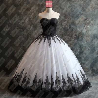 White tulle and black lace applique formal prom wedding formal evening dress custom w19-22.3 - Thumbnail 1