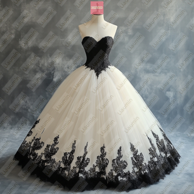 Ivory tulle and black lace applique formal prom wedding formal evening dress custom w19-22.5 - Thumbnail 1