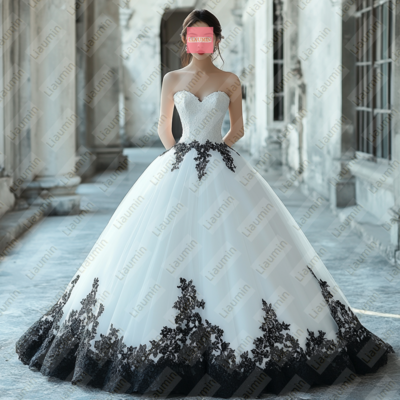 White tulle and black lace applique formal prom wedding formal evening dress custom w19-22.10 - Thumbnail 1