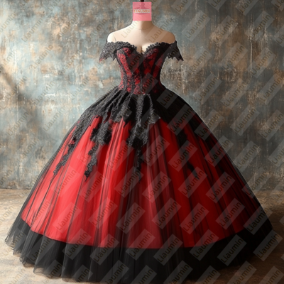 Red Tulle and Black Lace Applique Formal Prom Wedding Formal Evening Dress Custom W19-22.7