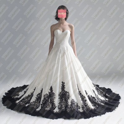 White tulle and black lace applique formal prom wedding formal evening dress custom w19-22.8
