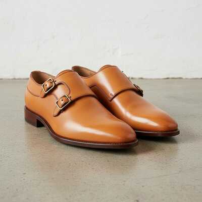 Classic men's handmade mustard double monk starp genuine leather formal shoes