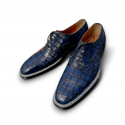 Crafted leather classic handmade men norwegian welted blue crocodile lace up alligator dress shoes