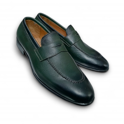 Crafted leather green leather moccasin loafer slip on dress shoes