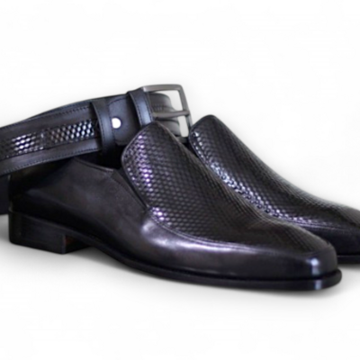 Crafted leather classic black calf / crocodile alligator moccasin loafers dress shoes with matching belt - Thumbnail 1