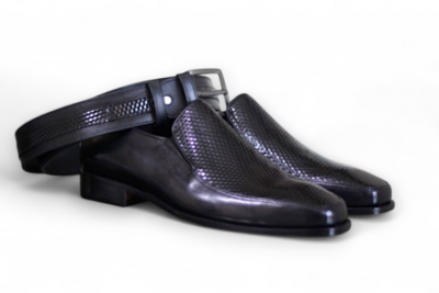 Crafted Leather Classic Black Calf / Crocodile Alligator Moccasin Loafers Dress Shoes with Matching Belt