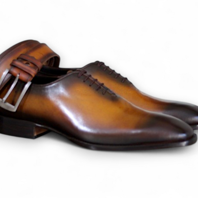 Crafted leather men brown patina leather oxford lace up dress shoes with matching belt  - Thumbnail 1