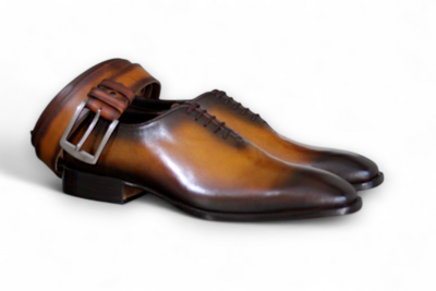 Crafted Leather Men Brown Patina Leather Oxford Lace up Dress Shoes With Matching Belt 