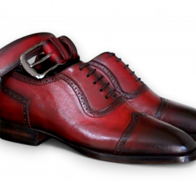 Crafted leather men burgundy leather wingtip oxford lace up dress shoes with matching belt  - Thumbnail 1