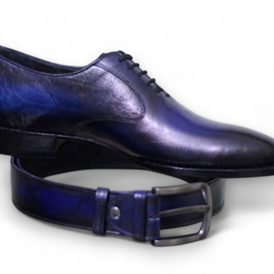 Crafted leather men blue leather oxford lace up dress shoes with matching belt  - Thumbnail 1