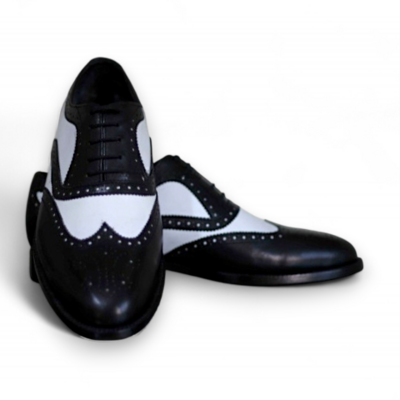 Crafted leather men black white classic wingtip oxford lace up dress shoes - Thumbnail 1
