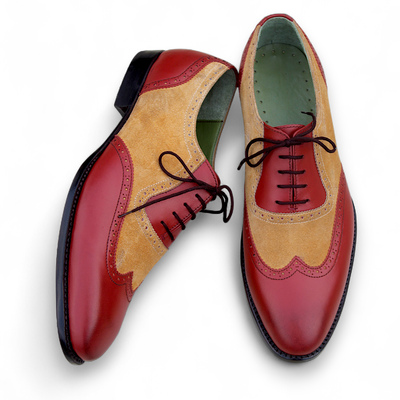 Crafted leather men red brown suede classic oxford wingtip lace up dress shoes