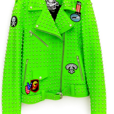 Crafted leather new handmade men's punk style green studded adorable leather jacket - Thumbnail 3