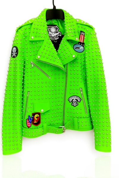 Crafted Leather New Handmade Men's Punk Style Green Studded Adorable Leather Jacket