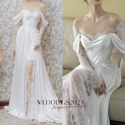 High Quliaue Satin Lace Long Sleeves A-line Lace up Train Wedding Dress