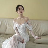 High Quliaue Satin Lace Long Sleeves A-line Lace up Train Wedding Dress - Thumbnail 5