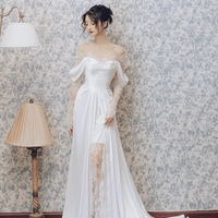 High Quliaue Satin Lace Long Sleeves A-line Lace up Train Wedding Dress - Thumbnail 4