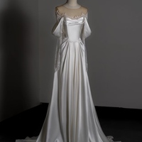 High Quliaue Satin Lace Long Sleeves A-line Lace up Train Wedding Dress - Thumbnail 1