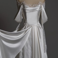 High Quliaue Satin Lace Long Sleeves A-line Lace up Train Wedding Dress - Thumbnail 2