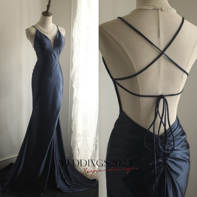 Navy blue v neck mermaid backless back lace up satin prom dresses