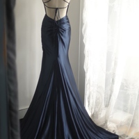 Navy Blue V Neck Mermaid Backless Back Lace up Satin Prom Dresses - Thumbnail 1