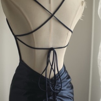 Navy Blue V Neck Mermaid Backless Back Lace up Satin Prom Dresses - Thumbnail 6