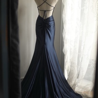 Navy Blue V Neck Mermaid Backless Back Lace up Satin Prom Dresses - Thumbnail 7