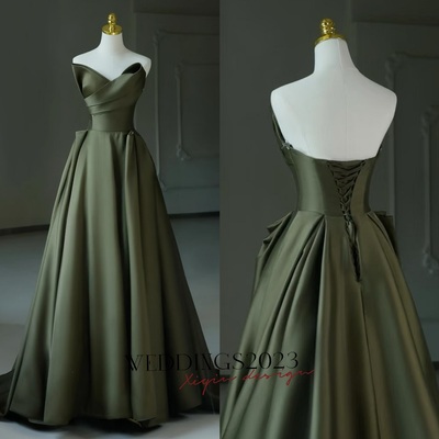 Dark green strapless satin a-line floor length lace up back prom dress