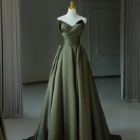 Dark Green Strapless Satin A-line Floor Length Lace up Back Prom Dress - Thumbnail 2