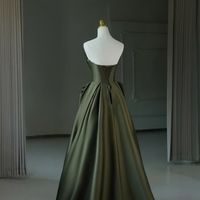 Dark Green Strapless Satin A-line Floor Length Lace up Back Prom Dress - Thumbnail 3