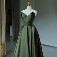 Dark Green Strapless Satin A-line Floor Length Lace up Back Prom Dress - Thumbnail 1