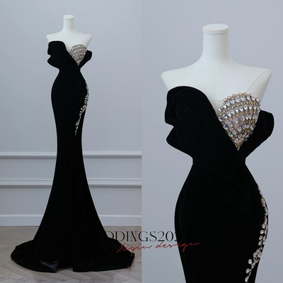 Sexy black strpless velvet rhinestones mermaid floor length prom dress 