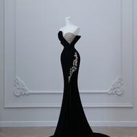 Sexy Black Strpless Velvet Rhinestones Mermaid Floor Length Prom Dress  - Thumbnail 5