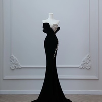 Sexy Black Strpless Velvet Rhinestones Mermaid Floor Length Prom Dress  - Thumbnail 6