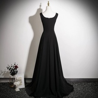 Black Sleeveless Satin A-line Floor Length Zipper Back Prom Dress - Thumbnail 4